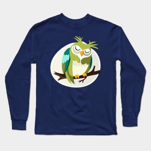 Cute Green Owl Sleeping on Branch Long Sleeve T-Shirt